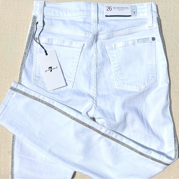 7 FOR ALL MANKIND bright white 2 silver side stripes SKINNY HIGH RISE JEANS 26 - Picture 1 of 13